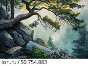Gnarled tree clinging to rocky cliffside overlooking misty forest valley. Стоковое AI-изображение, AI-художник Иван Рябоконь / Фотобанк Лори