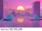 Synthwave retro futuristic alien planet landscape with spheres and grid floor during sunset. Стоковое AI-изображение, AI-художник Иван Рябоконь / Фотобанк Лори