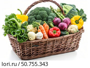 Wicker basket overflowing with fresh garden vegetables. Стоковое AI-изображение, AI-художник Иван Рябоконь / Фотобанк Лори