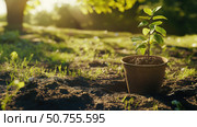 Tree planting journey begins single potted seedling prepared new home soil. Стоковое AI-изображение, AI-художник Броницкая Галина / Фотобанк Лори