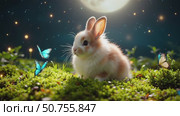 Cute rabbit in a clearing with butterflies under the moon. Стоковое AI-видео, аниматор Виктория Кольцова / Фотобанк Лори