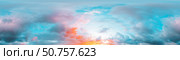 Sunset sky panorama with bright glowing pink Cumulus clouds. HDR 360 seamless spherical panorama. Full zenith or sky dome for 3D visualization, sky replacement for aerial drone panoramas. Стоковое фото, фотограф svetograph / Фотобанк Лори