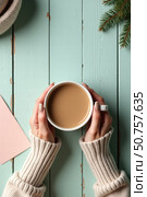 Woman's hands holding a mug of warm coffee. Стоковое AI-изображение, AI-художник Boris Vasilenko / Фотобанк Лори