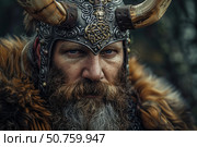 Viking warrior king wearing horned helmet and fur clothing. Стоковое AI-изображение, AI-художник Иван Рябоконь / Фотобанк Лори