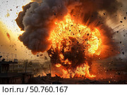 Massive explosion creating fireball and smoke in urban area. Стоковое AI-изображение, AI-художник Иван Рябоконь / Фотобанк Лори