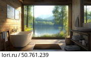 Modern luxury bathroom with picture window overlooking a tranquil lake and lush forest. Стоковое AI-изображение, AI-художник Михаил Коханчиков / Фотобанк Лори