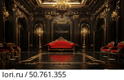 Elegant opulent interior with red velvet furniture in a luxurious black and gold room. Стоковое AI-изображение, AI-художник Михаил Коханчиков / Фотобанк Лори