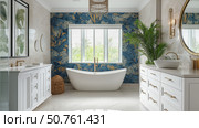 Elegant modern bathroom interior with a white bathtub and luxurious vanity. Стоковое AI-изображение, AI-художник Михаил Коханчиков / Фотобанк Лори