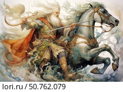 A fantastic watercolor illustration of a brave gray-haired warrior riding a mighty warhorse through the waves. The warrior is dressed in exquisite armor decorated with plant and mythological motifs, and a fluttering scarlet cloak adds an epic feel to the scene. He holds a curved bow and spear in his hands, and his expression is full of determination and strength. The atmosphere is filled with mythological spirit, movement and the element of water. The illustration is reminiscent of images from Slavic or Scandinavian legends. Стоковое AI-изображение, AI-художник Анна Кривицкая / Фотобанк Лори
