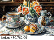 A still life in a classical style depicting a refined tea arrangement with antique porcelain and fresh flowers. In the center of the scene is an exquisite cup and saucer decorated with floral patterns, filled with tea. Next to it is a decorative jug, a porcelain vase with bright tulips and a fruit plate with orange and lemon slices. Everything is placed on a textile tablecloth with a floral pattern, creating an atmosphere of coziness, grace and retro elegance. The image is made in a realistic painting style with soft light and attention to detail. Стоковое AI-изображение, AI-художник Анна Кривицкая / Фотобанк Лори