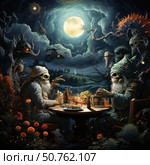 A fantasy scene in a dark fairy tale style: two skeletons with beards, dressed as wizards or sages, are having a lively conversation at a table in the forest under a full moon. The table is decorated with drinks, snacks and strange objects. Around is a dark magical forest, filled with mystical creatures with glowing eyes, bizarre plants and glowing clouds. The sky is dramatically illuminated by the full moon, creating an atmosphere of magic, mystery and light humor. Стоковое AI-изображение, AI-художник Анна Кривицкая / Фотобанк Лори