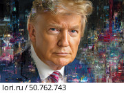 Портрет президента США Дональда Трампа на фоне футуристического городского пейзажа, стиль цифрового искусства, абстрактная живопись маслом. Стоковое AI-изображение, AI-художник Щеголева Ольга / Фотобанк Лори