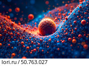 Glowing Orb Surrounded by Tiny Spheres in Abstract Scene. Стоковое AI-изображение, AI-художник Галина Эмберг / Фотобанк Лори