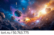 Cosmic Collision: Asteroid Field in a Nebula. Стоковое AI-изображение, AI-художник Данила Большаков / Фотобанк Лори