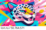 Stylized Ocelot Head in Vibrant Geometric Pattern. Стоковое AI-изображение, AI-художник Данила Большаков / Фотобанк Лори