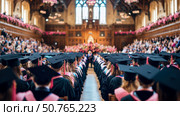 Graduation Ceremony in a Historic Hall: Students in Caps and Gowns Await Commencement. Стоковое AI-изображение, AI-художник Данила Большаков / Фотобанк Лори