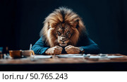 A majestic lion's head superimposed on a man in a business suit, intensely reviewing documents at a wooden desk. Стоковое AI-изображение, AI-художник Данила Большаков / Фотобанк Лори