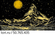 Night Sky above Majestic Peak: A Golden Mountain Illustration. Стоковое AI-изображение, AI-художник Данила Большаков / Фотобанк Лори