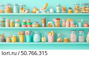Sweet Treats Galore: A Pastel-Colored Pantry Display of Delicious Goodies. Стоковое AI-изображение, AI-художник Данила Большаков / Фотобанк Лори