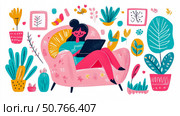 Relaxing Woman Working on Laptop in Cozy Chair Surrounded by Plants and Decor. Стоковое AI-изображение, AI-художник Данила Большаков / Фотобанк Лори