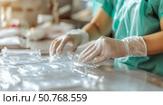 Health worker prepares medical supplies for procedures in a clinical setting during daylight hours. Стоковое AI-изображение, AI-художник Сергей Толмачёв / Фотобанк Лори
