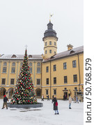 Nesvizh Castle inner courtyard view. Visitors are near the Christmas tree (2024 год). Редакционное фото, фотограф EugeneSergeev / Фотобанк Лори