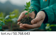 Tender Sprout Held in Caring Hands: A Symbol of Growth and Environmental Stewardship. Стоковое AI-изображение, AI-художник Данила Большаков / Фотобанк Лори