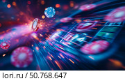 Fast-paced Casino Action: Chips in Motion with Vibrant Lights. Стоковое AI-изображение, AI-художник Данила Большаков / Фотобанк Лори