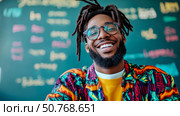 Joyful Man with Dreadlocks and Vibrant Sweater Against Teal Background. Стоковое AI-изображение, AI-художник Данила Большаков / Фотобанк Лори