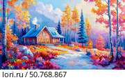 Autumn Cabin Retreat: A Vivid Impressionist Landscape Painting. Стоковое AI-изображение, AI-художник Данила Большаков / Фотобанк Лори