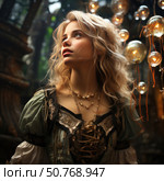 Portrait of a young woman wearing a historical corset dress in dark green and gold tones, decorated with intricate embroidery and lacing. She has light wavy hair, loose and slightly tousled, illuminated by a soft, warm light. The woman is looking up and to the side with a thoughtful and dreamy expression. The background is darkened, with soft, blurry lighting and several decorative lamps, creating a medieval or renaissance style atmosphere. Стоковое AI-изображение, AI-художник Анна Кривицкая / Фотобанк Лори