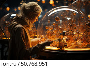 A young woman in a light hooded cloak is intently studying a complex mechanism inside a transparent dome. The surrounding atmosphere is filled with warm orange lights, creating an atmosphere of mystery and technological wonder. The background is blurred, emphasizing the concentration and importance of the woman's work with the device. Стоковое AI-изображение, AI-художник Анна Кривицкая / Фотобанк Лори