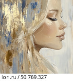Elegant portrait of a woman with golden hues emphasizing beauty and grace in a serene artistic expression Generative AI. Стоковое AI-изображение, AI-художник Елена Зубкова / Фотобанк Лори