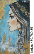 Elegant portrait of a woman adorned in gold, showcasing city landmarks in the background during twilight Generative AI. Стоковое AI-изображение, AI-художник Елена Зубкова / Фотобанк Лори