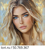 Stunning portrait of a woman with striking blue eyes against a shimmering gold background Generative AI. Стоковое AI-изображение, AI-художник Елена Зубкова / Фотобанк Лори