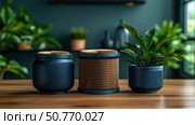 Elegant Home Decor: Air Purifier, Planter, and Container Set on Wooden Table. Стоковое AI-изображение, AI-художник Данила Большаков / Фотобанк Лори