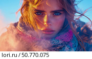 Captivating Portrait of a Woman with Windswept Hair and Vibrant Hues. Стоковое AI-изображение, AI-художник Данила Большаков / Фотобанк Лори