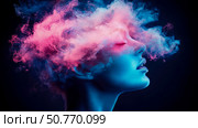 Enigmatic Woman in a Cloud of Neon Hues: A Surreal Portrait. Стоковое AI-изображение, AI-художник Данила Большаков / Фотобанк Лори