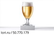 Elegant glass of beer on display with frothy head and golden hue. Стоковое AI-изображение, AI-художник Katsiaryna Repich / Фотобанк Лори