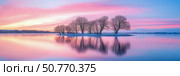 Serene Island at Sunrise: Pastel Hues and Tranquil Waters. Стоковое AI-изображение, AI-художник Данила Большаков / Фотобанк Лори