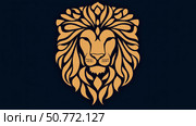 Majestic Lion Head with Ornate Mane: Elegant Gold Silhouette on Dark Background. Стоковое AI-изображение, AI-художник Данила Большаков / Фотобанк Лори
