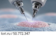 Microscopic nanobots injecting medication into biological cell. Стоковое AI-видео, аниматор Юрий Поздников / Фотобанк Лори
