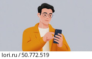 Young man browsing social media on smartphone with earphones. Стоковое AI-видео, аниматор Юрий Поздников / Фотобанк Лори