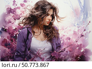 Portrait of a young woman with long wavy hair in a lilac jacket against a background of abstract pink flowers and light strokes of paint. Her gaze is directed to the side, her face expresses slight thoughtfulness and tenderness. The image is filled with dynamics and a creative atmosphere, emphasized by bright and soft colors. Стоковое AI-изображение, AI-художник Анна Кривицкая / Фотобанк Лори