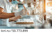 Scientist conducts experiment in laboratory using precise instruments and glassware during daytime research session. Стоковое AI-изображение, AI-художник Сергей Толмачёв / Фотобанк Лори