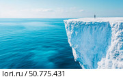 Solitary Figure on a Glacial Clifftop Overlooking a Vast Ocean. Стоковое AI-изображение, AI-художник Данила Большаков / Фотобанк Лори
