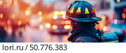Firefighter Silhouette at Dusk: Courage and Urban Response. Стоковое AI-изображение, AI-художник Данила Большаков / Фотобанк Лори