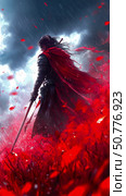 Crimson Rain: A Warrior's Solitude in a Scarlet Field. Стоковое AI-изображение, AI-художник Данила Большаков / Фотобанк Лори
