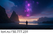 Solitary Figure Contemplating a Cosmic Sunset on a Secluded Beach. Стоковое AI-изображение, AI-художник Данила Большаков / Фотобанк Лори