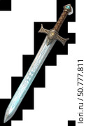 A fantasy sword features a beautifully engraved blade with a glowing light emanating from it. The ornate hilt is adorned with intricate designs and a prominent gemstone. Стоковое AI-изображение, AI-художник Анна Сивакова / Фотобанк Лори